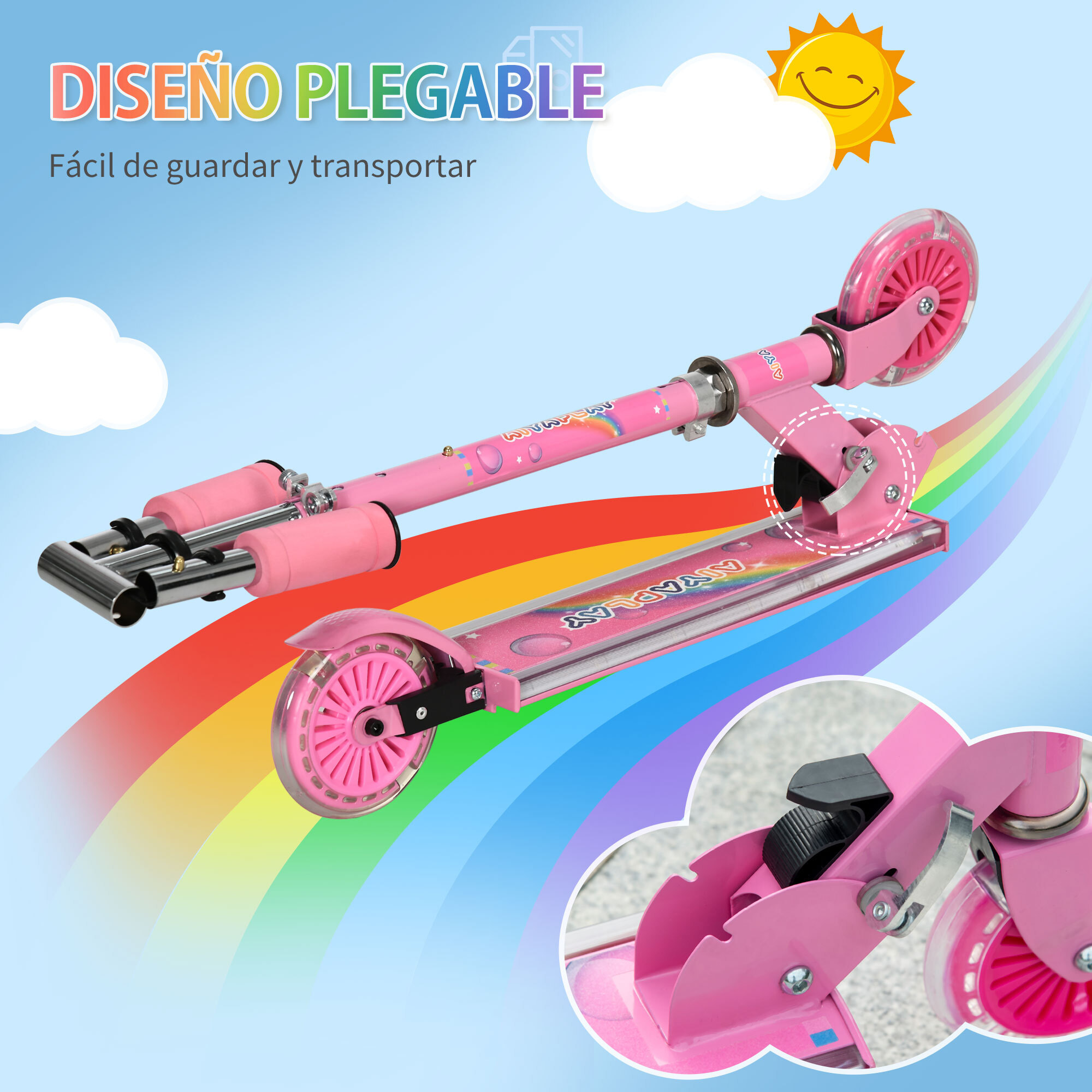 Patinete para Niños Plegable Patinete Infantil con Luces Música 4 Altura Ajustable Ruedas Brillantes Pedal LED para 3-7 Años Carga 50 kg 67x32x65-78 cm Rosa