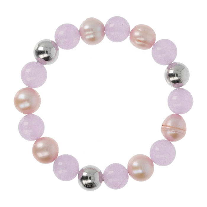 PERLAVIVA - Bracciale Elastico con Sfere, Quarzo Viola e Perle d'Acqua Dolce Rosa Ø 11/12 mm