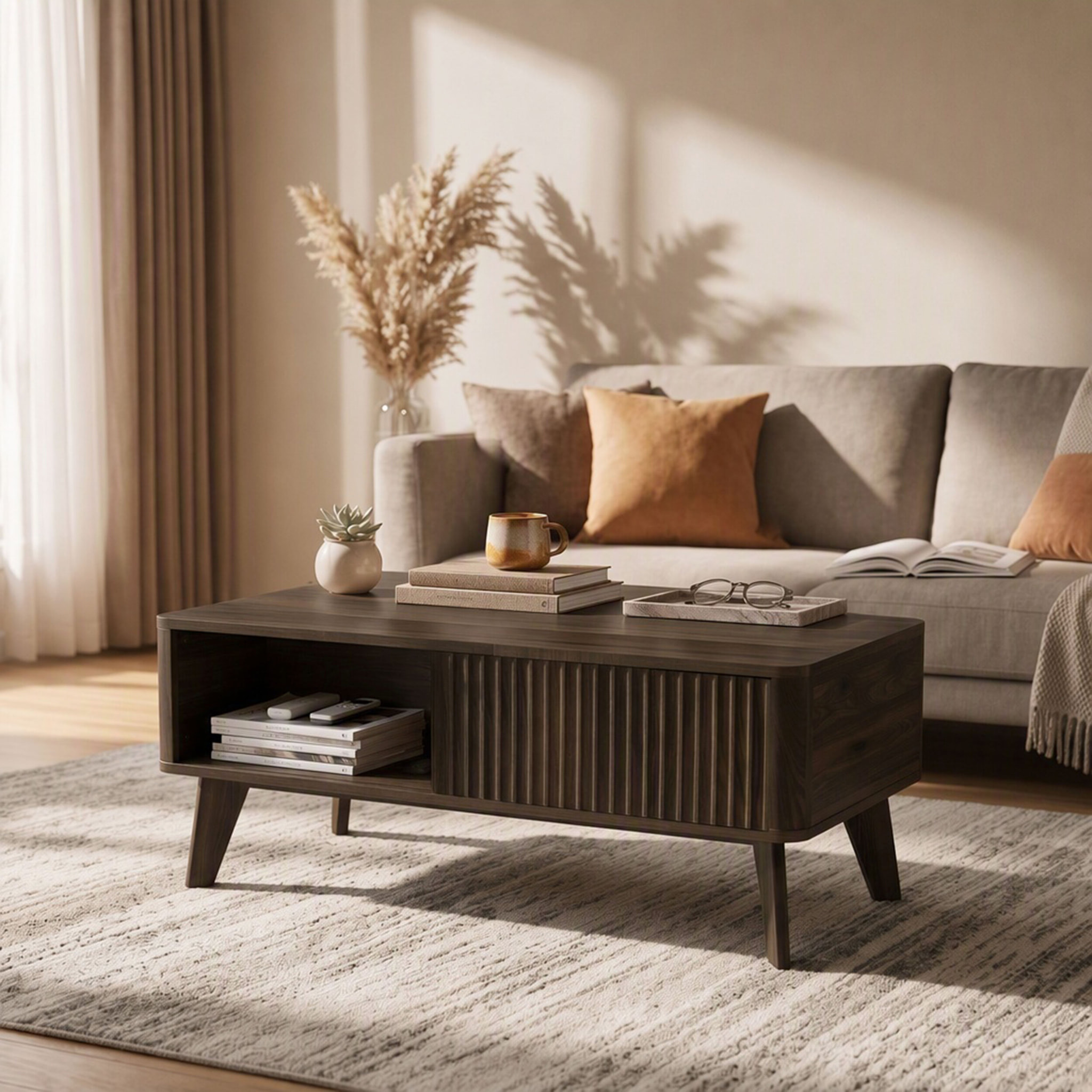 HOMCOM Mesa de Centro Elevable con Almacenaje, Mesa de Café para Salón con Compartimento Oculto, Estantes Abiertos, Frontal Ondulado y Esquinas Curvas, para Comedor, 100x48x41-56 cm, Nogal