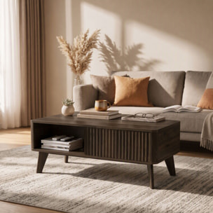 HOMCOM Mesa de Centro Elevable con Almacenaje, Mesa de Café para Salón con Compartimento Oculto, Estantes Abiertos, Frontal Ondulado y Esquinas Curvas, para Comedor, 100x48x41-56 cm, Nogal