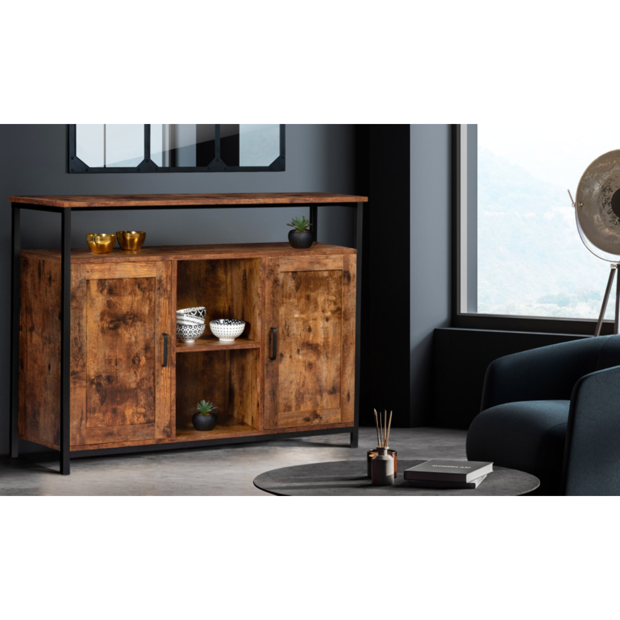 Buffet Elize effet bois vieilli 2 portes avec étagère