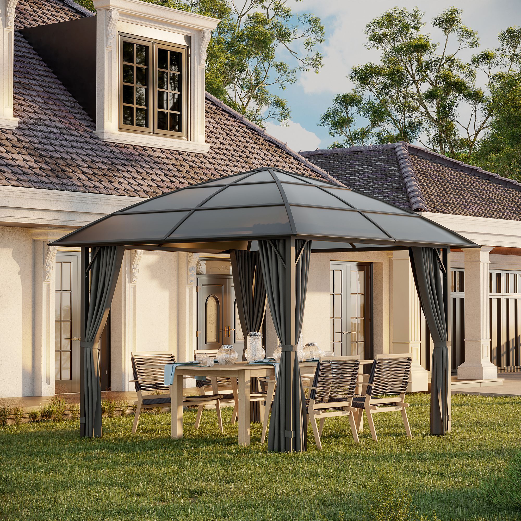 Pavillon de jardin barnum rigide dim. 3,05L x 3,05l x 2,7H m 4 rideaux zippés alu. acier polycarbonate noir polyester gris