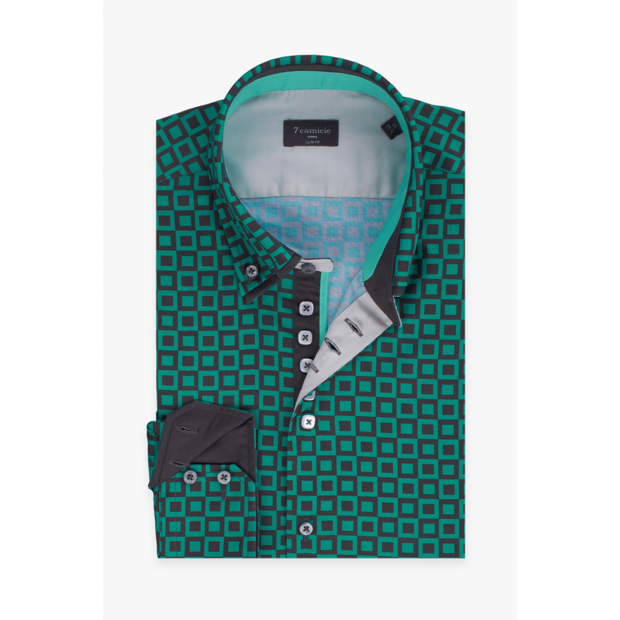 Camicia Uomo 2 Bottoni Button Down 7bottoni Doppio Coll Popeline Stampato Verde Foglia Piombo