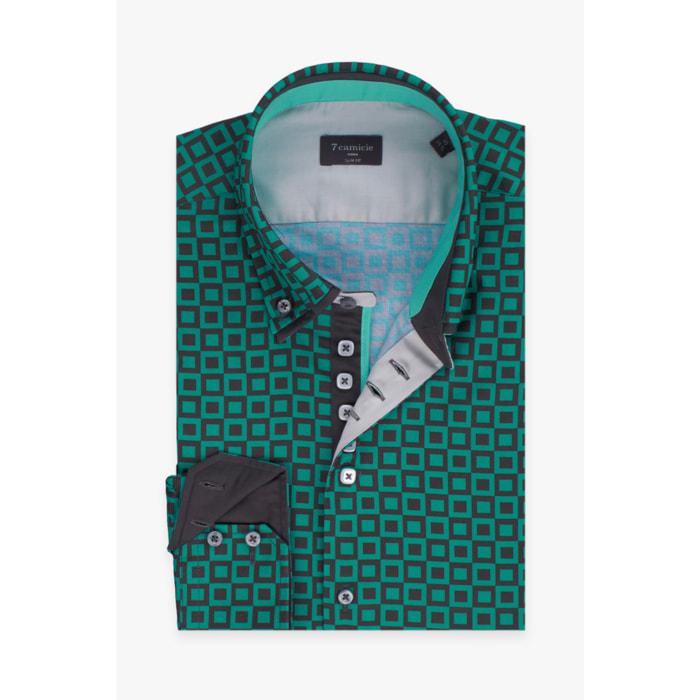 Camicia Uomo 2 Bottoni Button Down 7bottoni Doppio Coll Popeline Stampato Verde Foglia Piombo