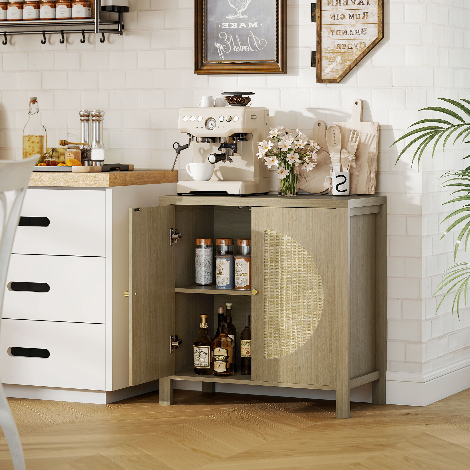 Rangement petit buffet 2 portes étagère style naturel rotin effet bois naturel taupe