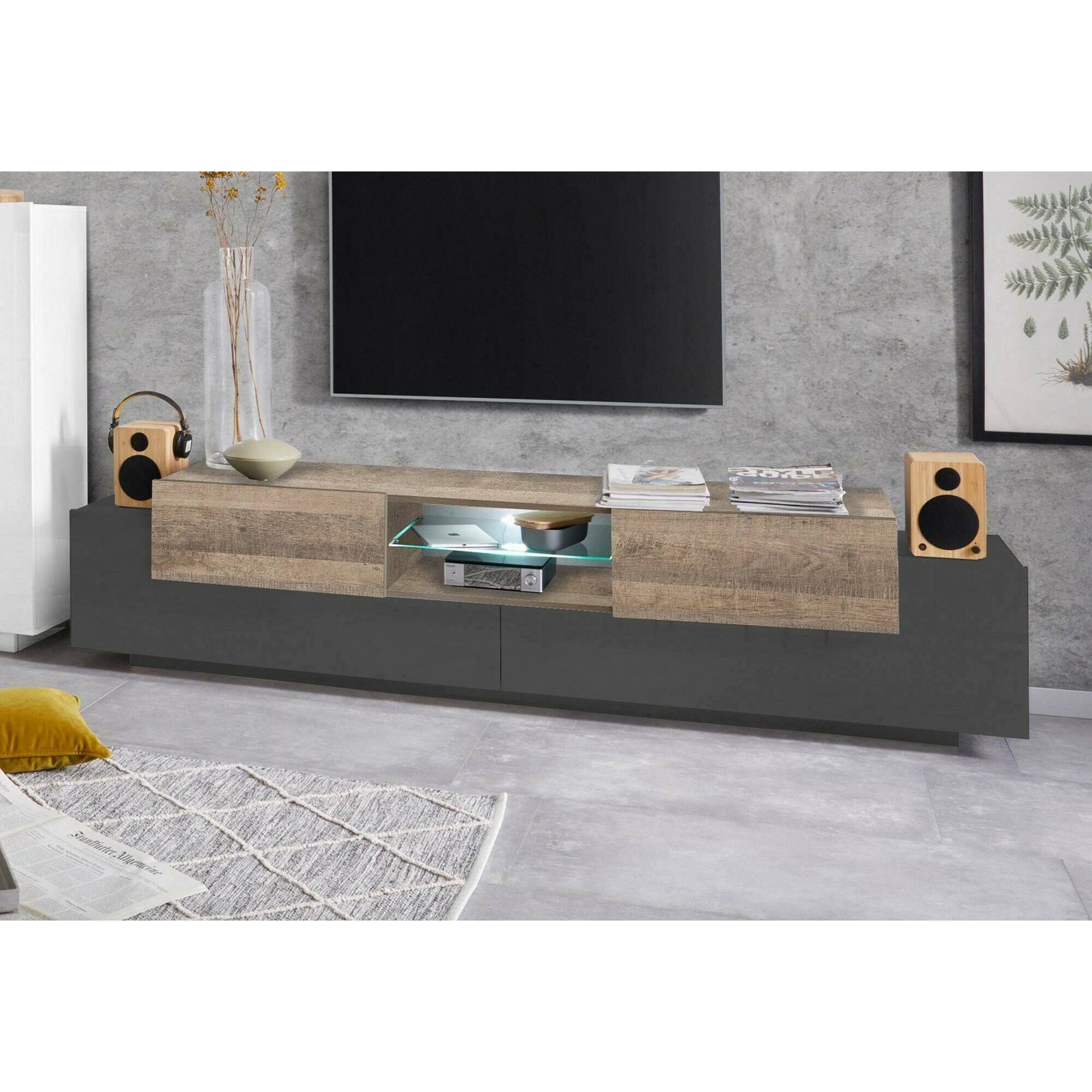 Mobile porta TV Amato, Credenza bassa da soggiorno, Base porta televisione, 100% Made in Italy, cm 220x40h51, Antracite e Acero