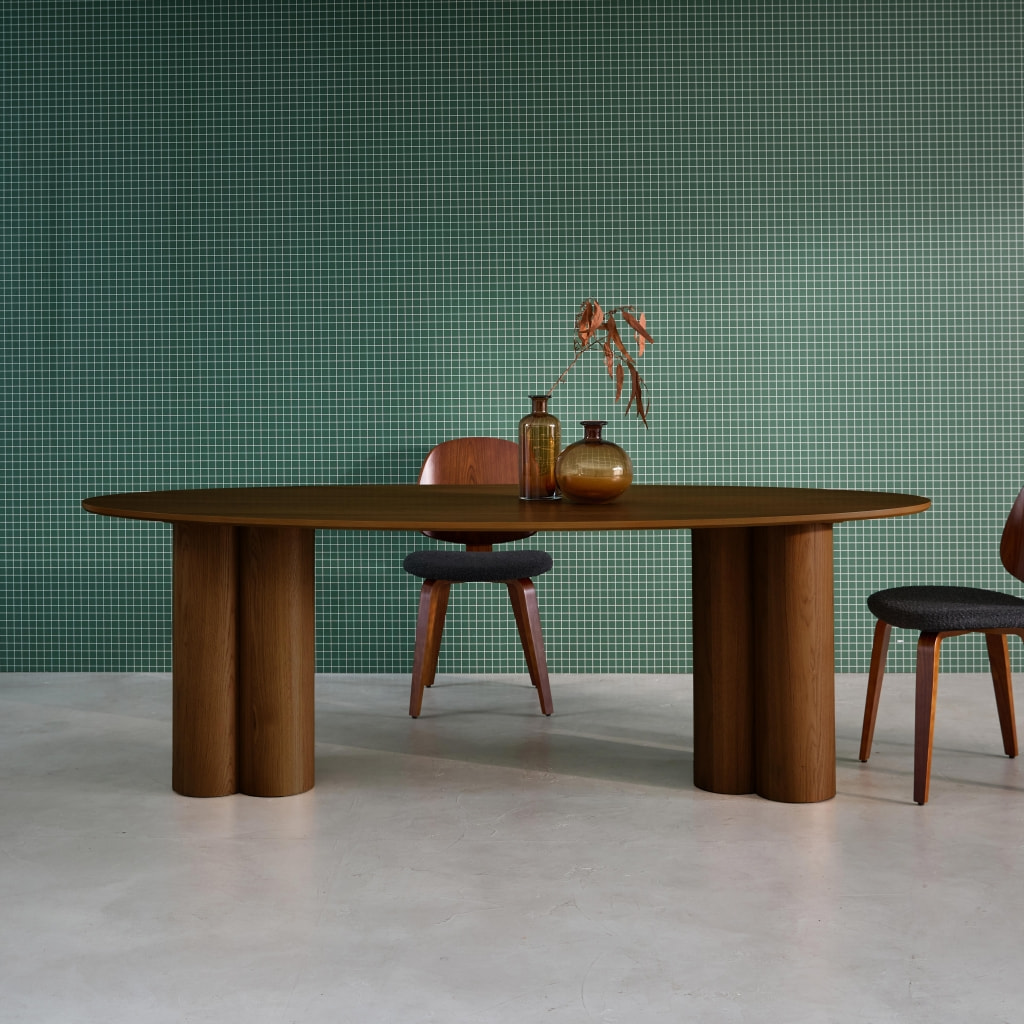 Table à manger ovale bois d'hévéa et placage chêne noyer 8 places 220cm - Leonore