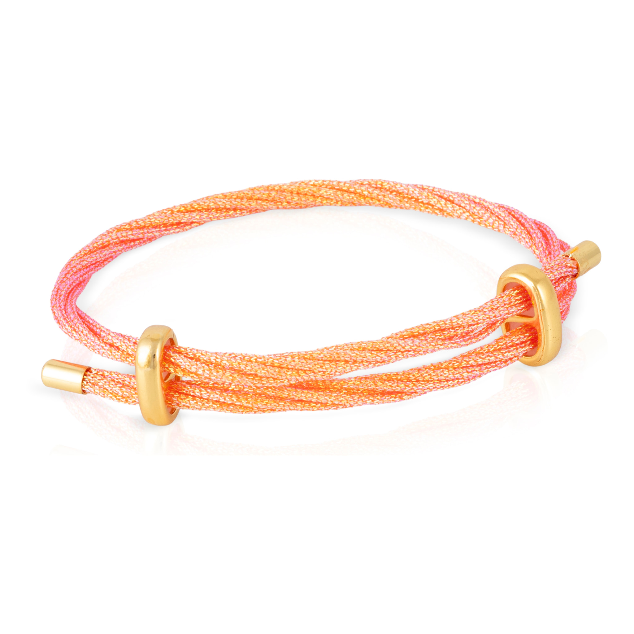 Pack de 3 pulseras multihebra entrelazada de hilo de nylon naranja, verde y lila con cierre cruzado de cobre dorado.