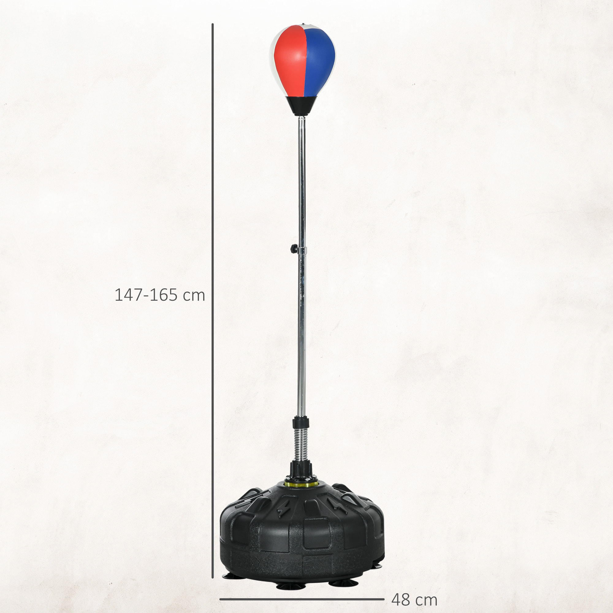 Punching ball sur pied hauteur réglable H.147 -165cm - ressort central, socle ventouses - bleu blanc rouge