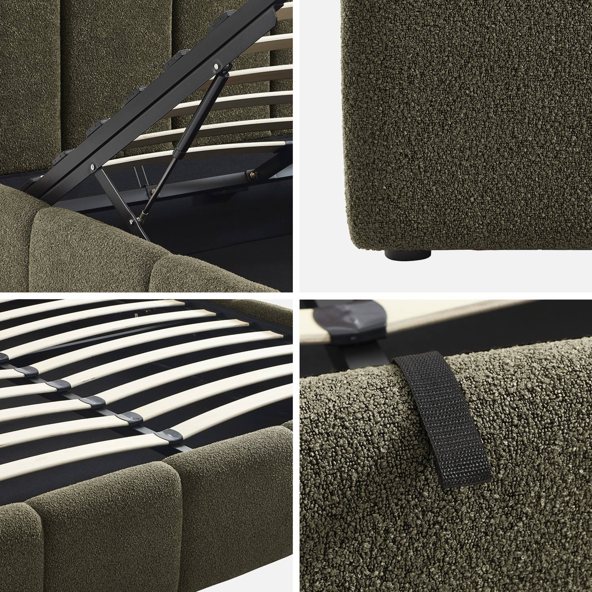 Lit coffre double avec sommier à lattes et tête de lit kaki 160 x 200 cm bouclette texturée - Lex