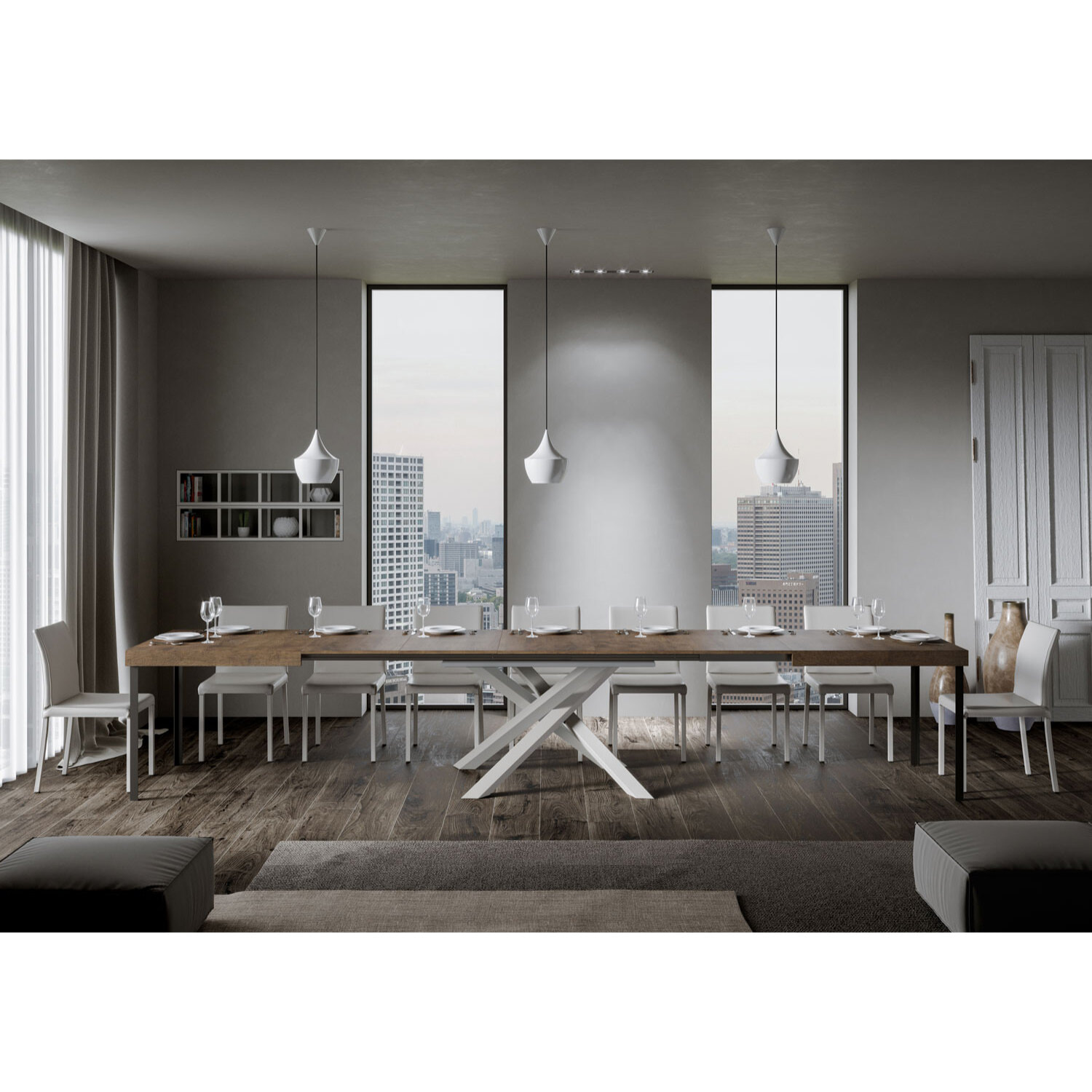 Mesa extensible 90x160/420 cm Volantis Nogal estructura blanco