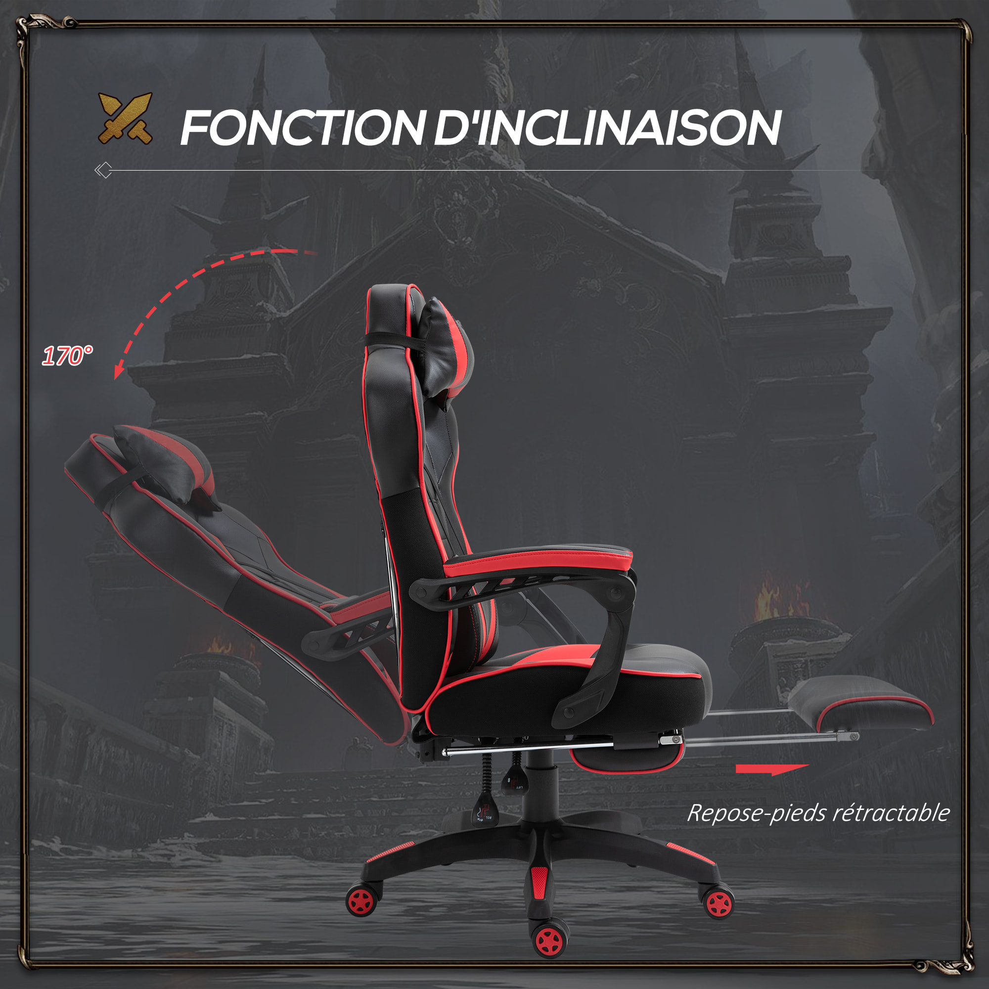 Vinsetto Fauteuil de bureau gamer style baquet racing - pivotant, inclinable - coussin lombaire, tétière, repose-pieds inclus - revêtement synthétique rouge noir