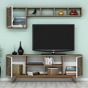 Mobile porta TV Dpandolf, Credenza da soggiorno, Armadio basso per TV, Base parete attrezzata, 160x35h56 cm, Noce e Bianco