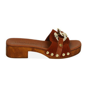 Zuecos de ante coñac, tacón 4 cm