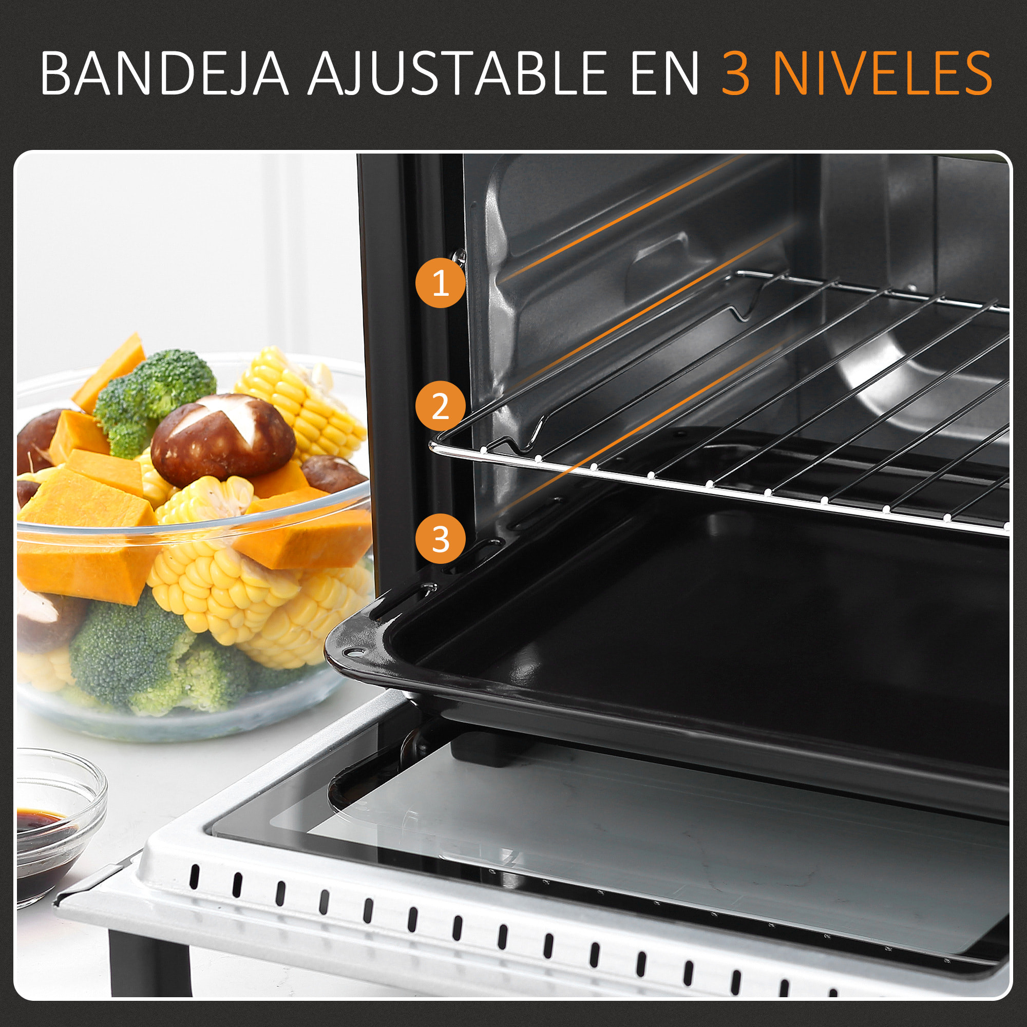 Horno Sobremesa Eléctrico 16L 1400W con 3 Modos de Calor Temperatura hasta 230 ℃ Temporizador 60 Minutos Bandeja de Horneado y Rejilla 44x32x28,1 cm Blanco y Negro