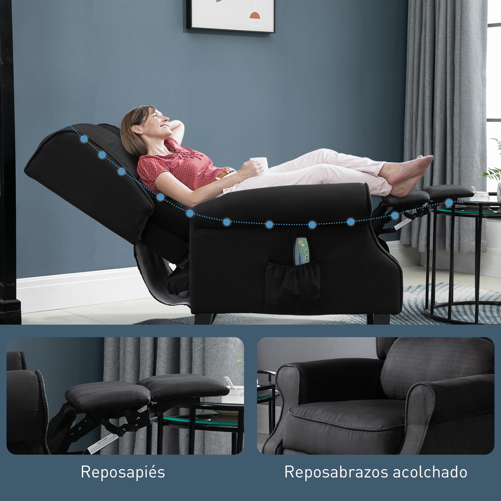 Sillón de Masaje Sillón Relax Reclinable con Mando a Distancia 2 Zonas de Masaje Bolsillo Lateral y Tapizado en Tejido de Ante 78x83x101 cm Negro