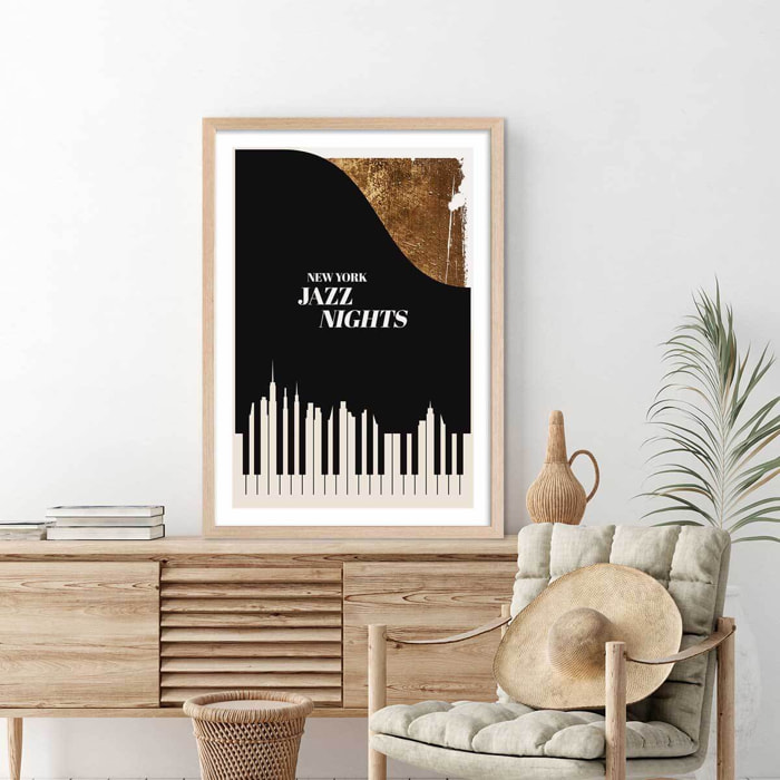 Poster new york jazz night Affiche + cadre en bois - Chêne