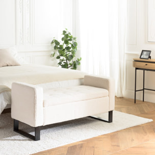 LEOPOLD - Banc tissu bouclette écru avec rangement et pieds métal noir