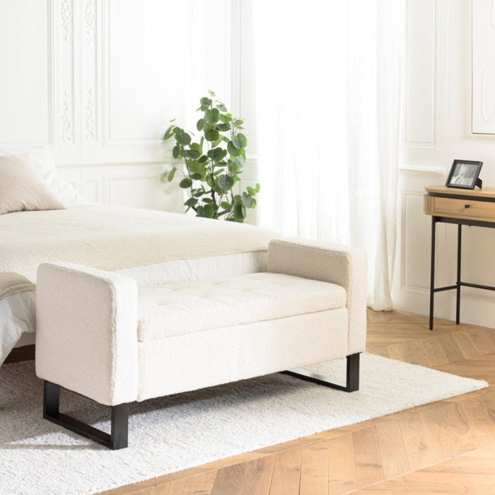 LEOPOLD - Banc tissu bouclette écru avec rangement et pieds métal noir