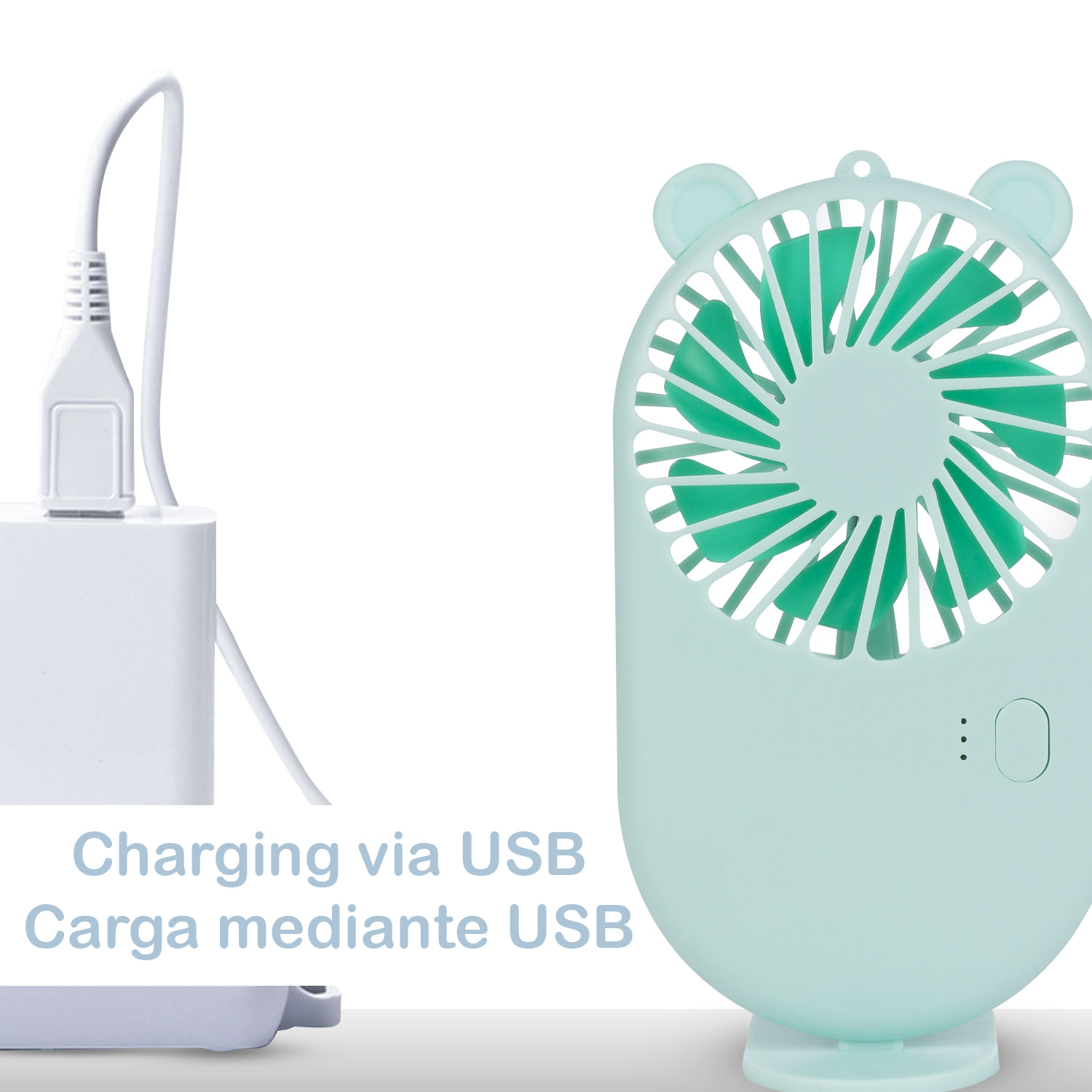 Mini ventilatore portatile con batteria da 800mAh. Supporto stand per tavolo.