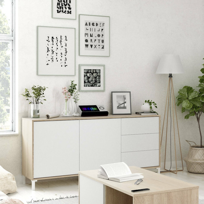 Credenza Ardelia, Buffet da soggiorno, Mobile porta TV, Armadio per salotto, Madia moderna a 2 ante e 3 cassetti, 154x41h74 cm, Rovere e Bianco