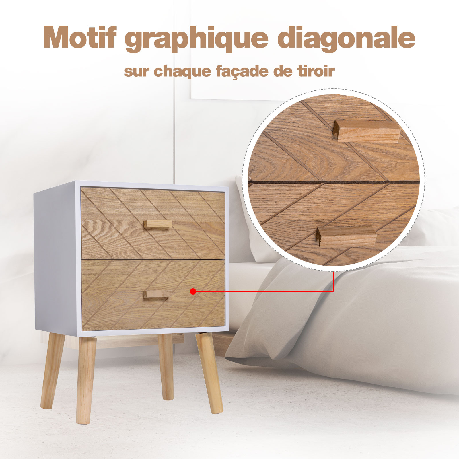 Chevet table de nuit design scandinave 40L x 30l x 56H cm 2 tiroirs bois massif pin MDF blanc et hêtre motif graphique