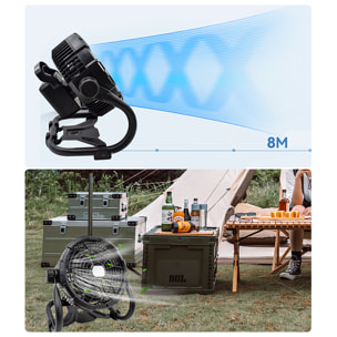 Ventilador exterior X45 con luz LED, 18W y velocidad regulable. Colgable o de pie, ángulo ajustable y powerbank de 14400 mAh.