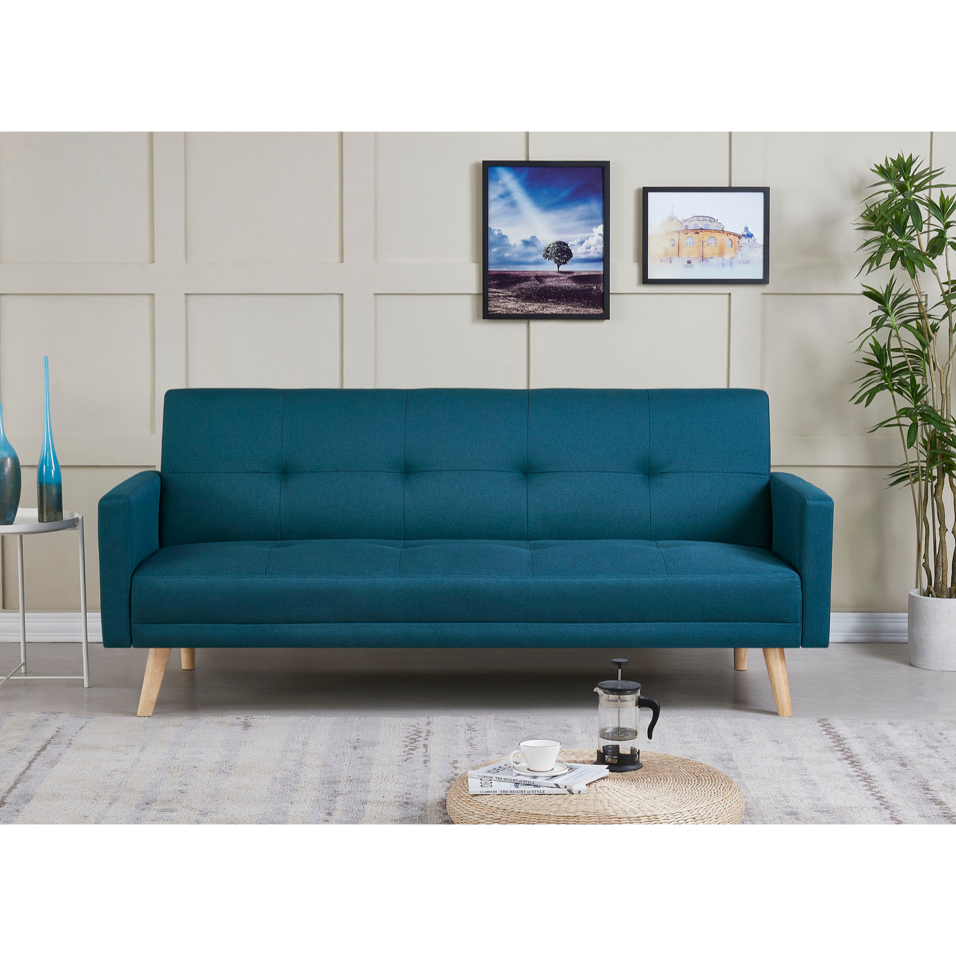 Canapé scandinave convertible 3 places en tissu bleu canard VANSO