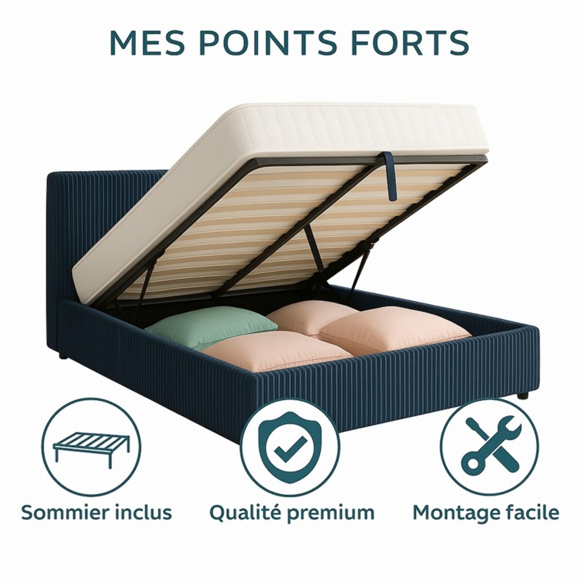 Lit coffre Colisée avec tête de lit | Robuste et confortable | Montage simple rapide | Velours Côtelé | Bleu nuit