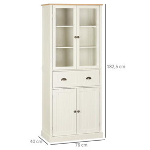 Armoire de cuisine buffet haut 4 portes grand tiroir coulissant dim. 76L x 40l x 182H cm panneaux crème verre