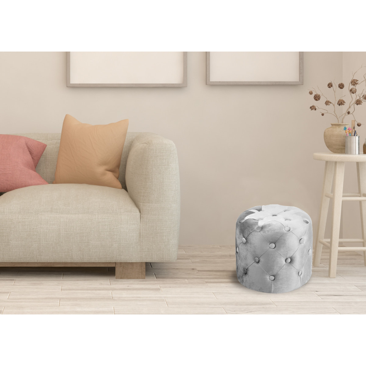 Pouf Poggiapiedi Rotondo Seduta In Velluto Velvet Parigi Grigio Chiaro