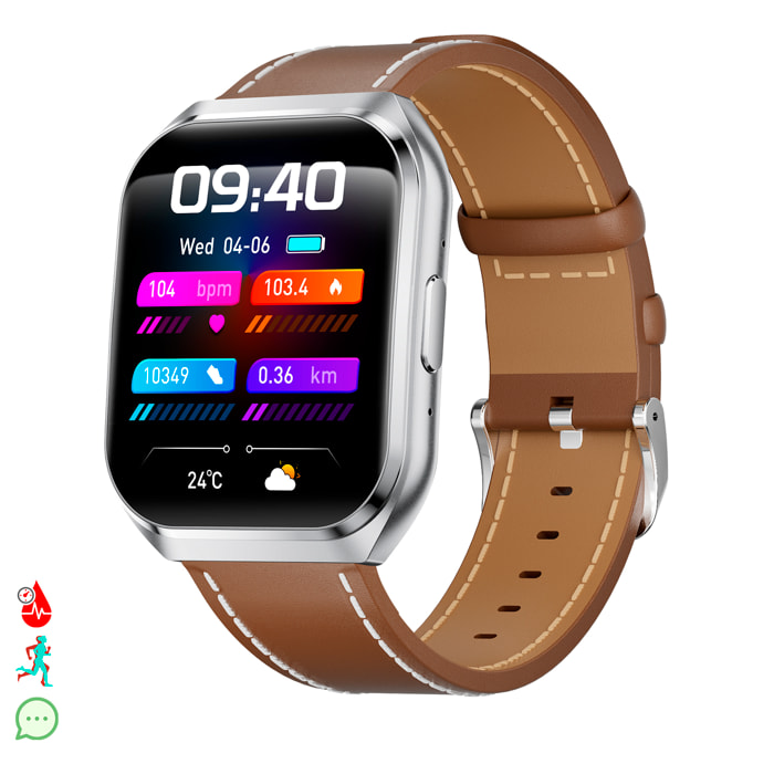 Smartwatch QS66. Schermo da 1,83" con batteria a lunga durata. Chiamate Bluetooth, assistente vocale, monitoraggio della salute e più modalità sportive. Cinturino in pelle.