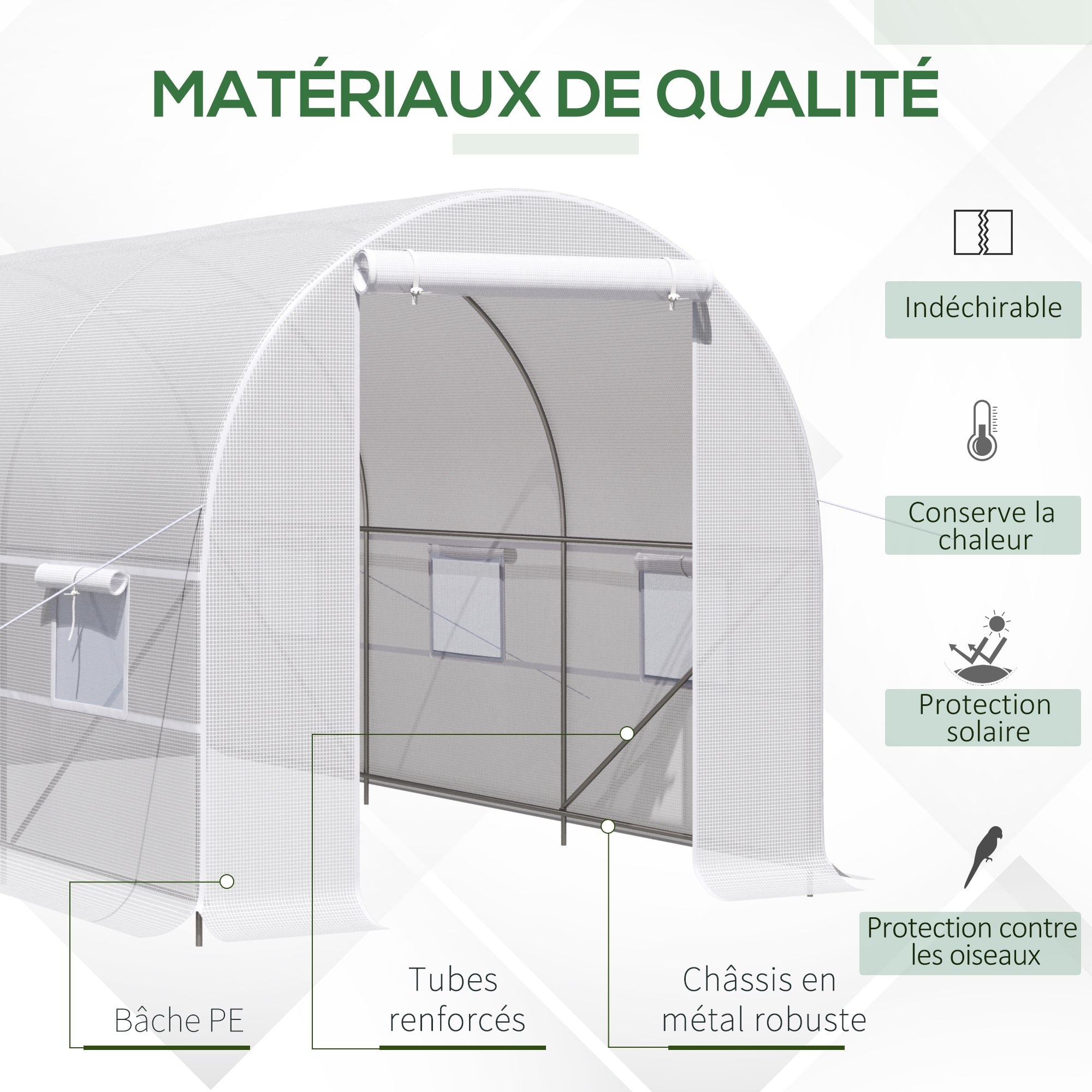 Serre de jardin tunnel surface sol 8 m² 4 x 2 x 2 m châssis tubulaire renforcé 18 mm 6 fenêtres blanc