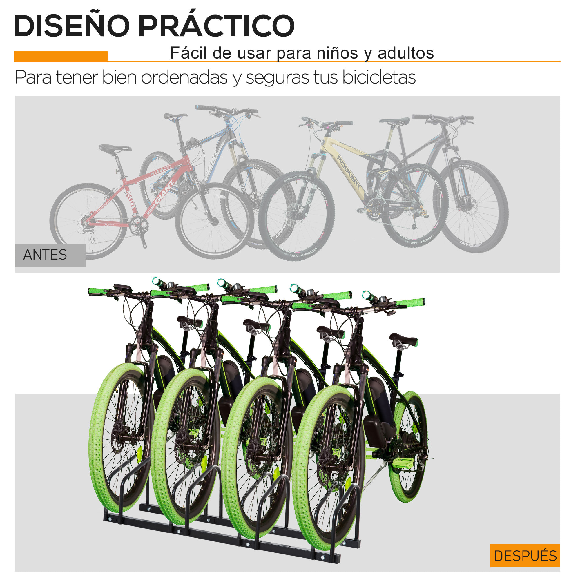 Aparcamiento para 4 Bicicletas Soporte de Acero para Aparcar Bicicletas en el Suelo o Pared Estacionamiento para Interior y Exterior 110x33x27 cm Negro