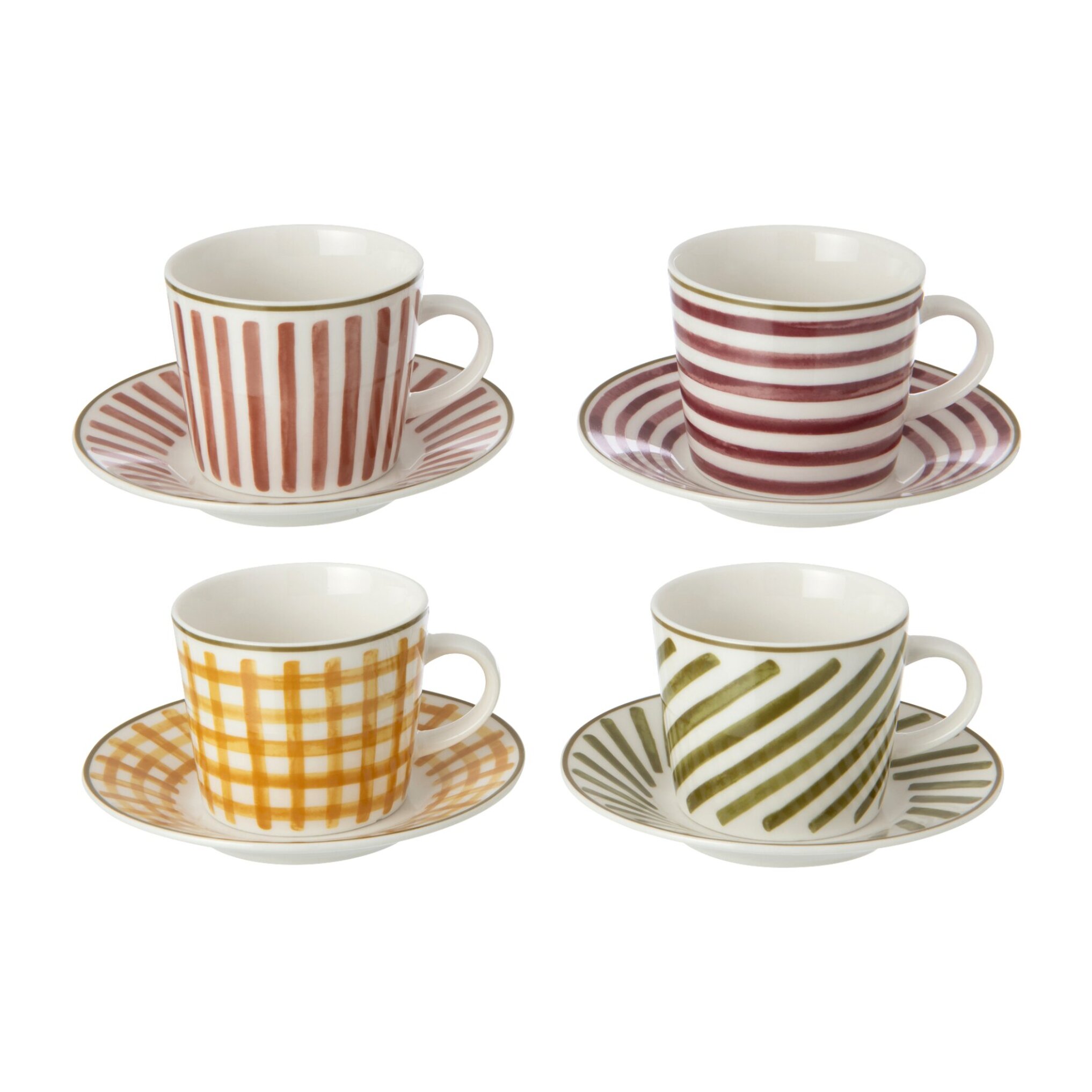 J-Line boîte de 4 tasses et sous-tasses - grès - bordeaux/vert olive - small