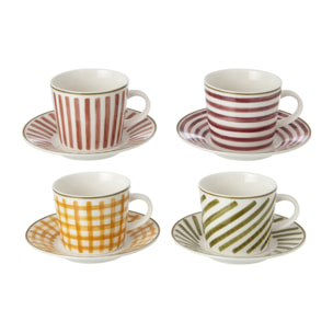 J-Line boîte de 4 tasses et sous-tasses - grès - bordeaux/vert olive - small