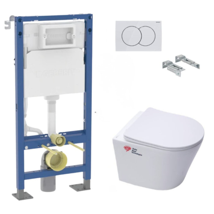 Pack WC suspendu complet Geberit Duofix autoportant, WC Swiss Aqua Technologies Infinitio, abattant SoftClose, plaque blanche
