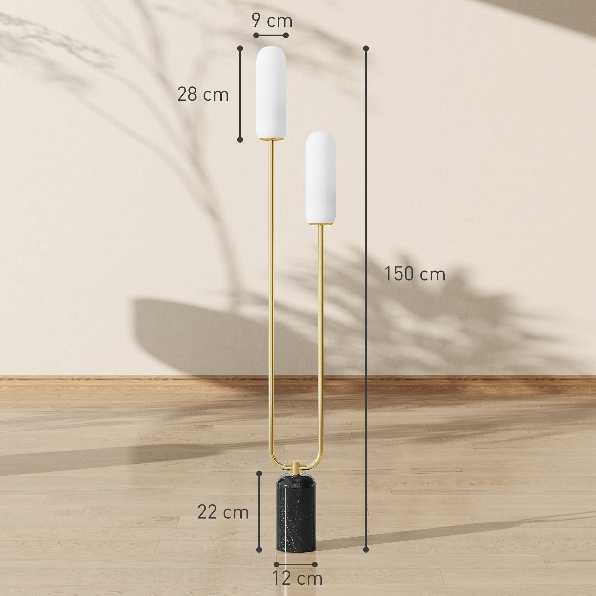 Lampadaire design art déco H.150 cm effet marbre noir métal doré verre dépoli blanc