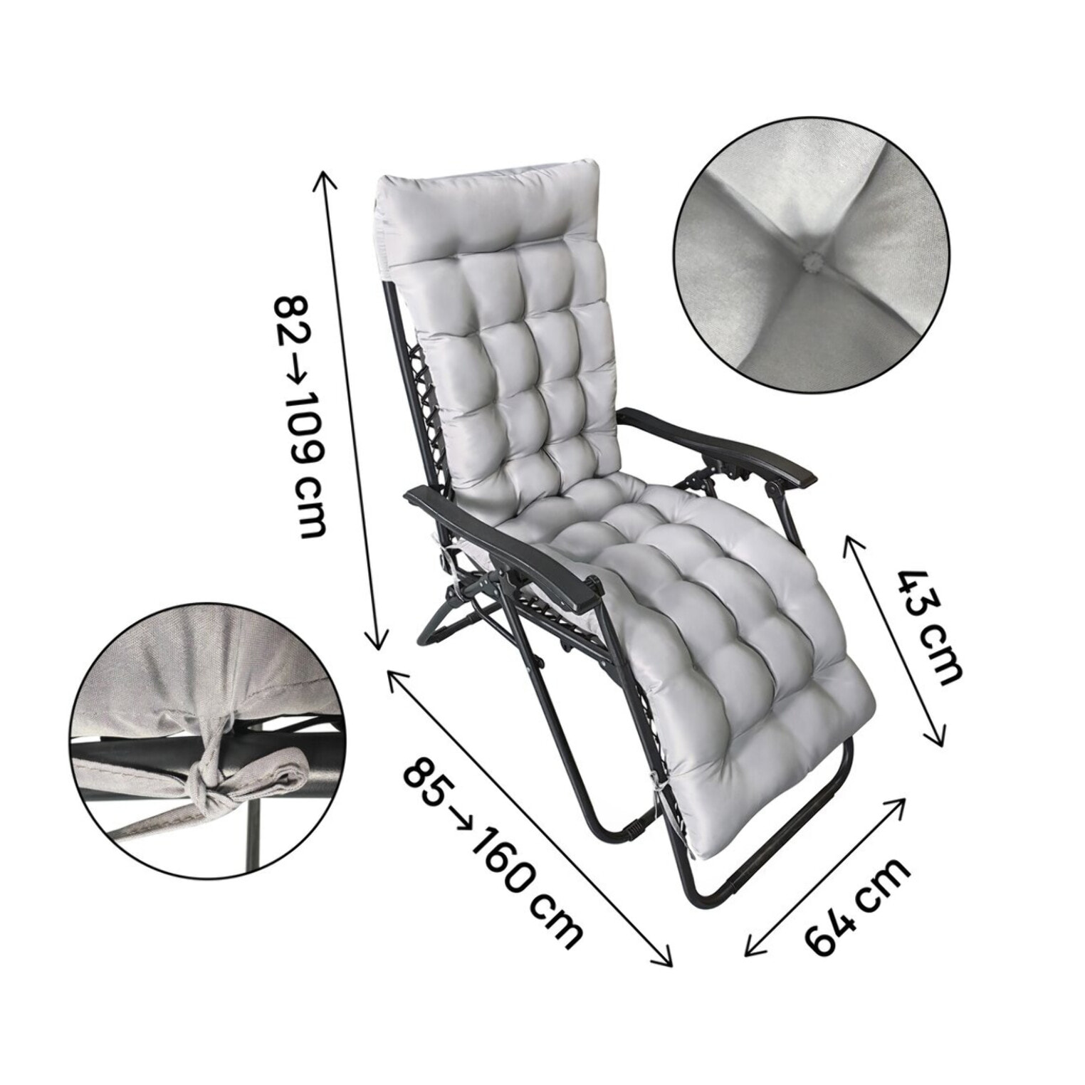 Fauteuil de jardin relax zéro gravité avec coussin matelassé "Sintra" - Noir