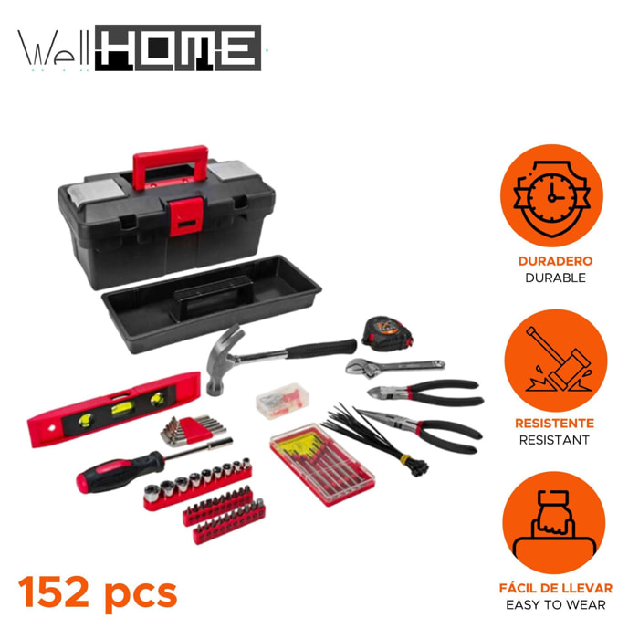 Well home kit de herramientas para el hogar co 152pc en caja de plástico color negro y rojo