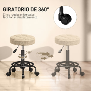 Taburete Giratorio Redondo Taburete con Ruedas Altura Regulable 50-66 cm Asiento Tapizado en Tejido de Borreguito para Salones Talleres Spa Masaje Marrón Claro