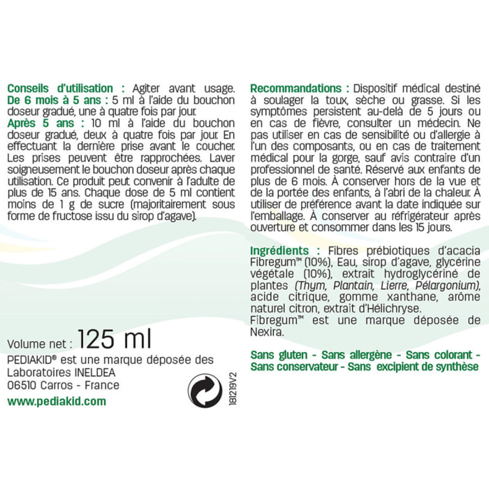 PEDIAKID - Toux Sèche & Grasse - Formule Exclusive au Sirop d'Agave - Calme la Toux - Soulage l'irritations de la Gorge - Arôme Naturel Citron - Lot de 3 flacons 125 ml