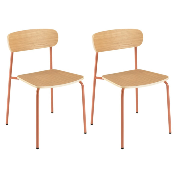 TOM - Lot de 2 chaises « écolier » en bois de frêne et acier terracotta