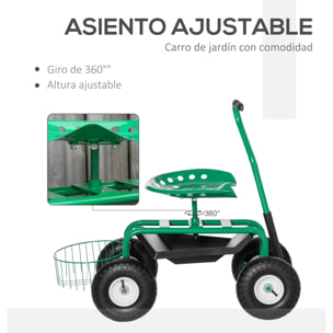Asiento de Jardín con Ruedas, Taburete de Jardinería con Asiento Giratorio y Ajustable en Altura, Ruedas Neumáticas, Bandeja de Herramientas y Cesta, Carga 150 kg para Patio, Exterior, Verde