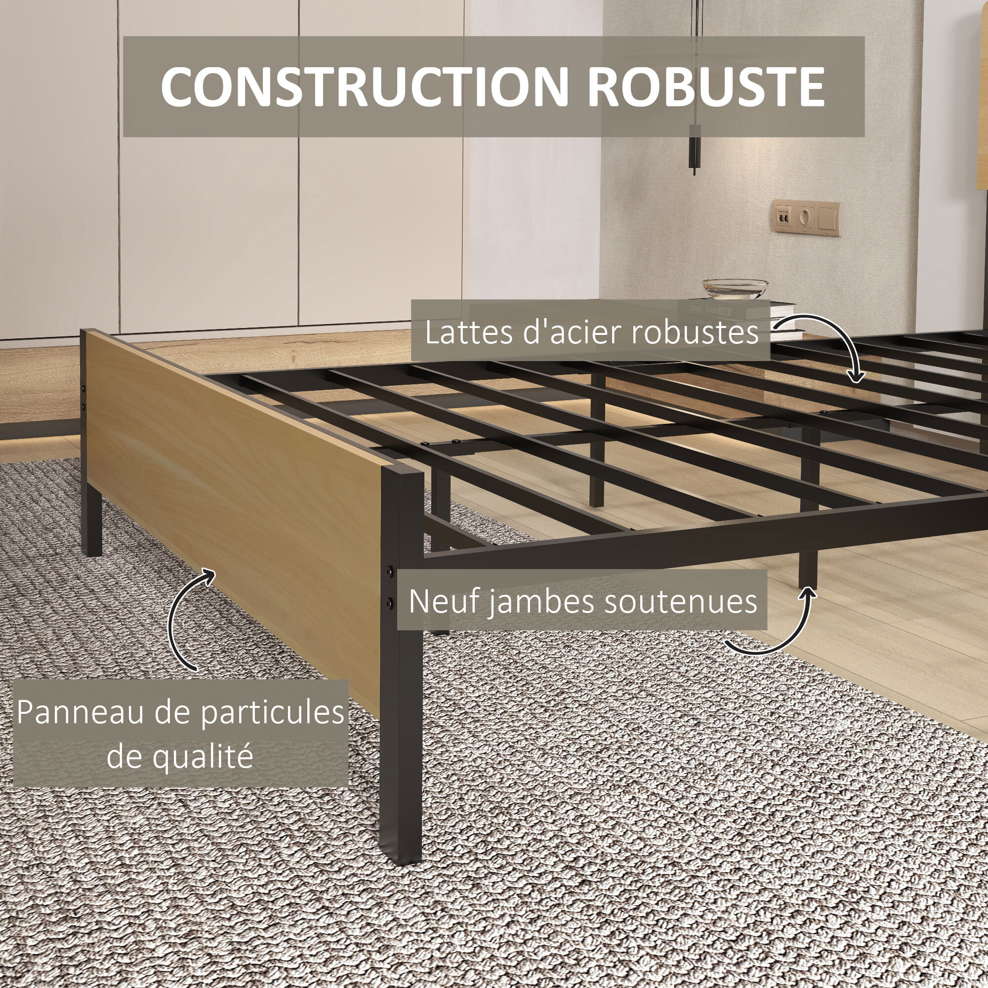 Lit double design industriel - tête de lit, pied de lit et sommier - compatible matelas 190L x 140l cm - acier noir aspect bois clair