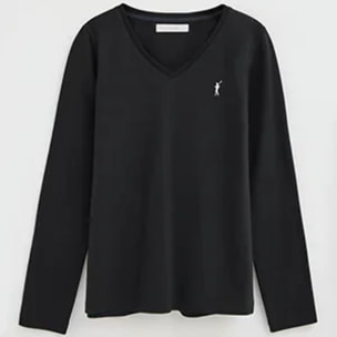 Maglietta nera a maniche lunghe e scollo a V con ricamo Rigby Go