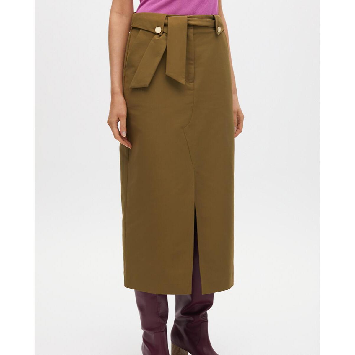 Gonna Midi con Cintura a Fiocco e Dettagli di Bottoni