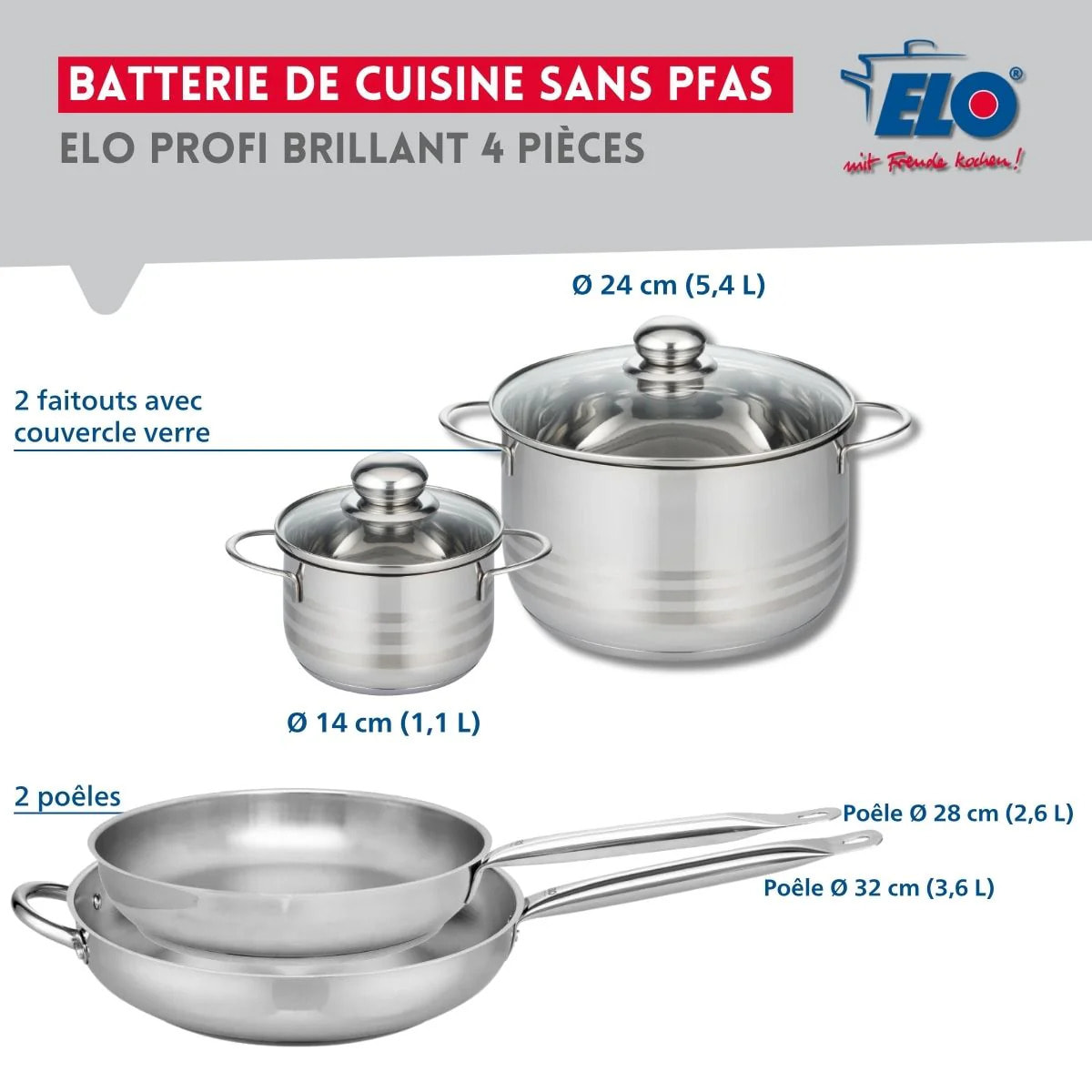 Ensemble de 2 Poêles de cuisson 28 et 32 cm et 2 faitouts 14 et 24 cm Elo Profi Brillant