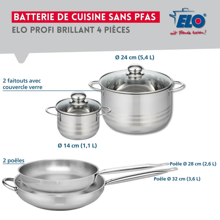 Ensemble de 2 Poêles de cuisson 28 et 32 cm et 2 faitouts 14 et 24 cm Elo Profi Brillant