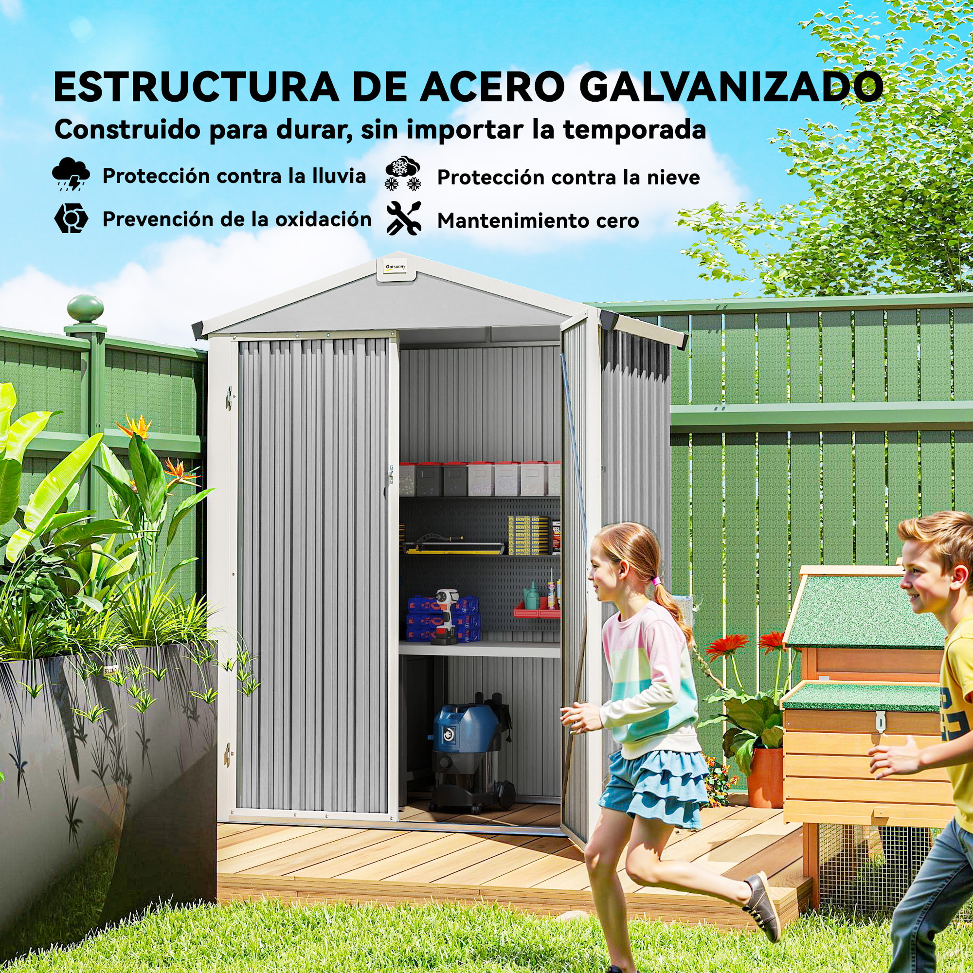 Caseta de Jardín Exterior 1,1 m², 133x87x178 cm, Cobertizo de Jardín Exterior Metálico con Puertas Correderas, Techo Inclinado y Guantes, para Almacenaje de Herramientas Bicicletas, Gris